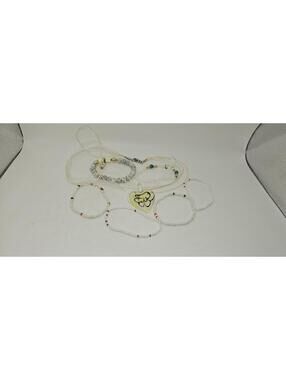 Set of 7 Handmade White and Yellow Beaded Necklace and Bracelets